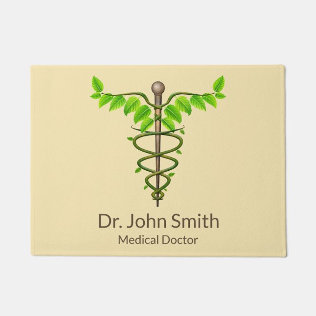 Alternative Medical Caduceus Green Leaves Beige Doormat (Front)