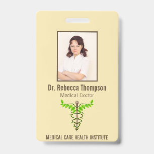 Alternative Medical Caduceus Green Leaves Beige ID Badge