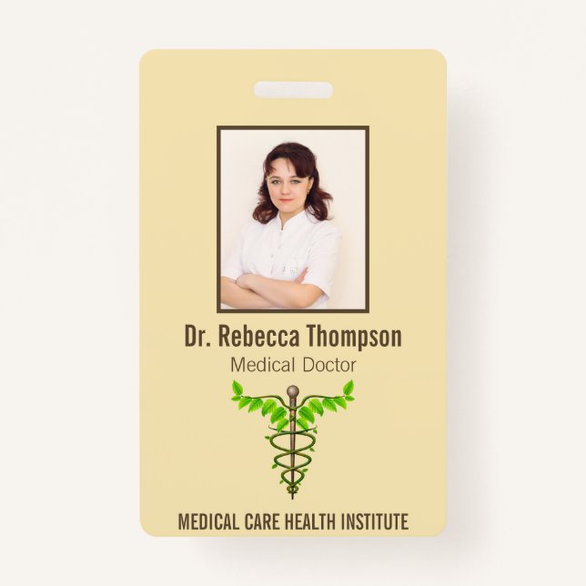 Alternative Medical Caduceus Green Leaves Beige ID ID Badge (Front)