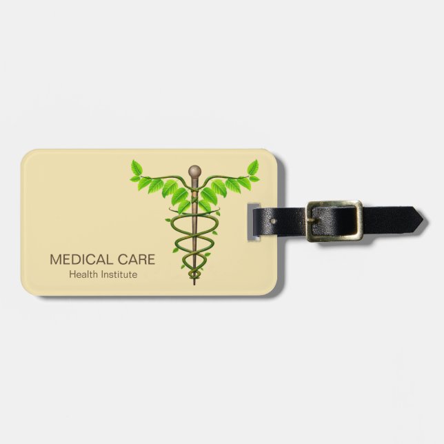 Alternative Medical Caduceus Green Leaves Beige Luggage Tag (Front Horizontal)