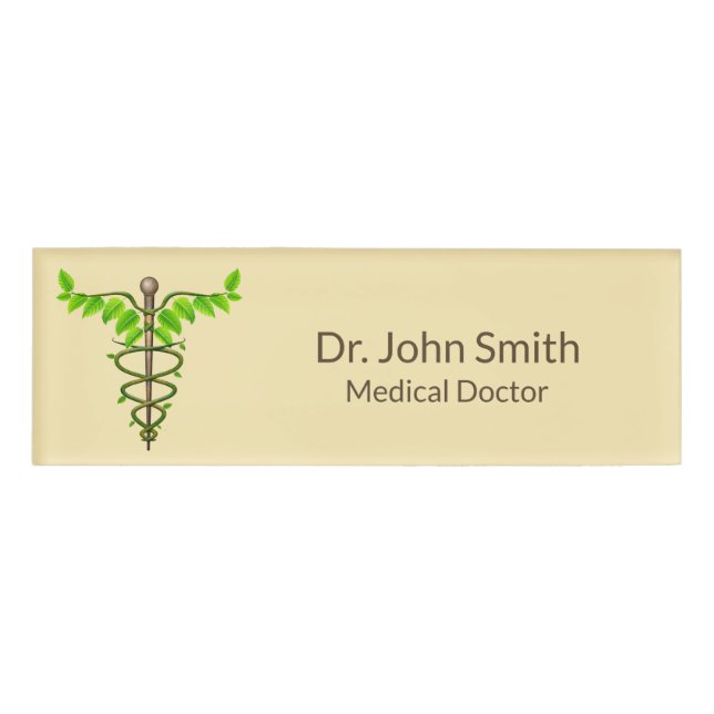 Alternative Medical Caduceus Green Leaves Beige Name Tag (Front)