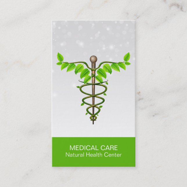 Alternative Medical Caduceus Green Leaves White Business Card (Front)
