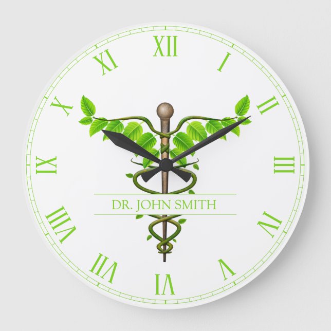 Alternative Medical Caduceus Green Leaves White Large Clock (Front)