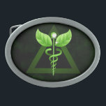 Alternative Medicine Green Caduceus Belt Buckles<br><div class="desc">© Sunny Mars Designs - Green Caduceus Alternative Medicine Symbol Holistic Health Custom Belt Buckles – Classy unique medical oval belt buckle with modified Caduceus symbol with leaves and vines instead of wings and serpents, against dark green background. Concept for alternative medicine or a combined use of alternative medicine and...</div>