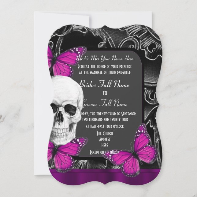 Alternative purple gothic sugar skull wedding invitation (Front)