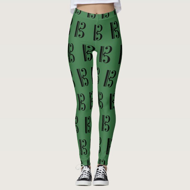 Alto Clef C-Clef Viola Music Strings Green Black Leggings (Front)