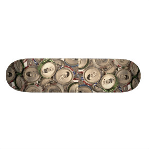 Aluminium cans, recycled skateboard