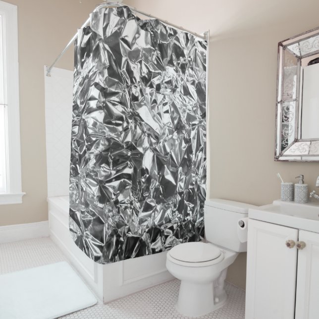 Aluminium Foil Design Silver Colour Shower Curtain (In Situ)