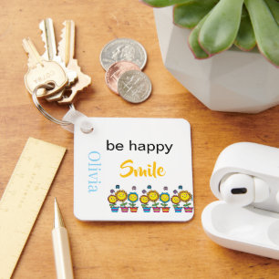 Aluminium Square Keychain Be Happy Smile Sunflower