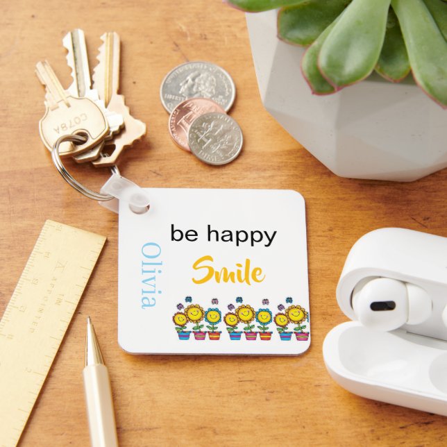 Aluminium Square Keychain Be Happy Smile Sunflower (Desk)