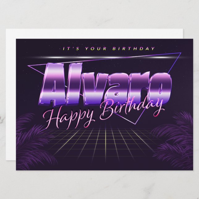 Alvaro Name First Name Purple Retro Card Birthday (Front/Back)