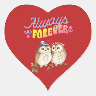 Always And Forever Cute Owls in Love    Heart Sticker