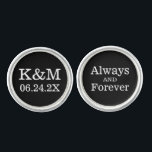 Always and Forever Wedding Black Monogram Groom Cufflinks<br><div class="desc">Personalised wedding cufflink design for the groom features a monogram of the couple's initials and wedding date with "Always and Forever" wording.  Black background and white text colours can be modified to coordinate with any wedding colour scheme.</div>