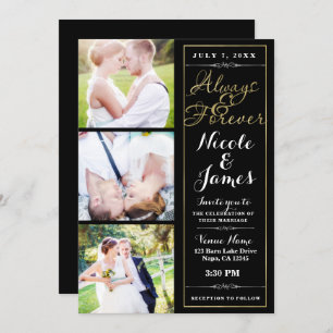 ALWAYS & FOREVER Modern 3 Photo Black Gold Wedding Invitation