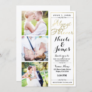 ALWAYS & FOREVER Modern 3 Photo White Gold Wedding Invitation