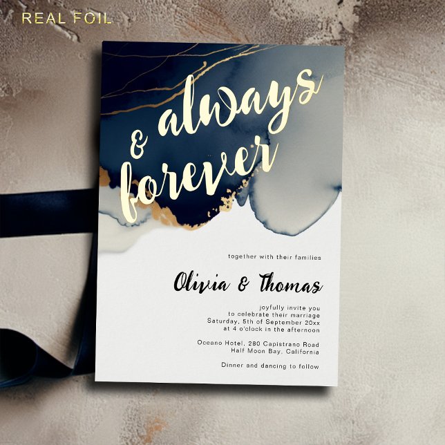 Always Forever Navy Blue Modern Boho Beach Wedding (always forever navy beach wedding invitation romantic bohemian calligraphy gold modern minimalist)