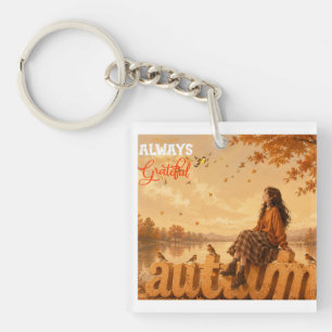 Always Grateful Autumn Girl Sitting on Autumn Key Ring