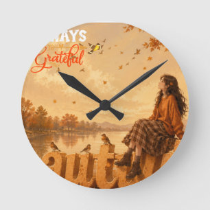 Always Grateful Autumn Girl Sitting on Autumn Round Clock