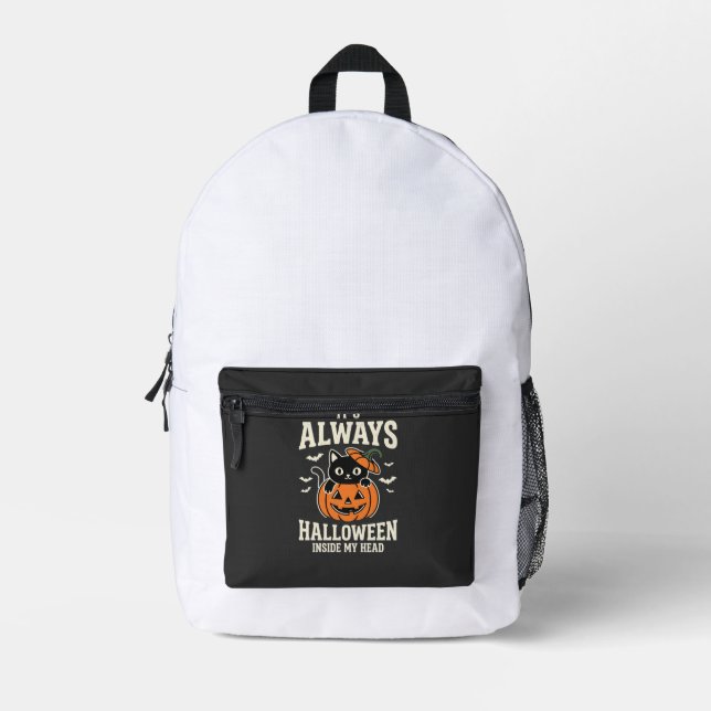 Always Halloween Black Cat Pumpkin Design Printed Backpack (Front)