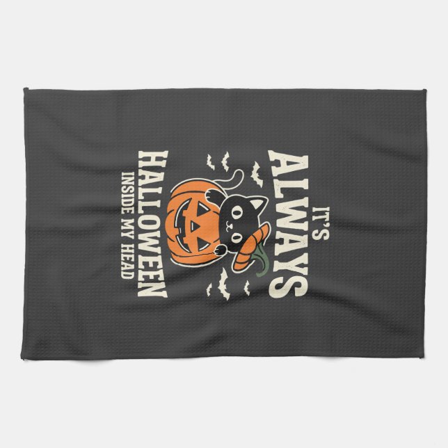 Always Halloween Black Cat Pumpkin Design Tea Towel (Horizontal)