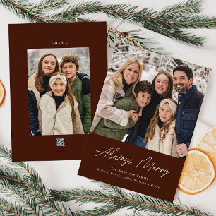 Always Merry Brown Minimalist 2 Photo Holiday Card