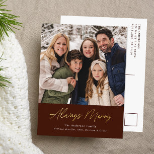 Always Merry Brown Minimalist Photo Foil Holiday Postcard