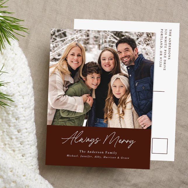 Always Merry Brown Minimalist Photo Holiday Postcard (Creator Uploaded)