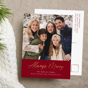 Always Merry Cranberry Minimalist Photo Foil Holiday Postcard