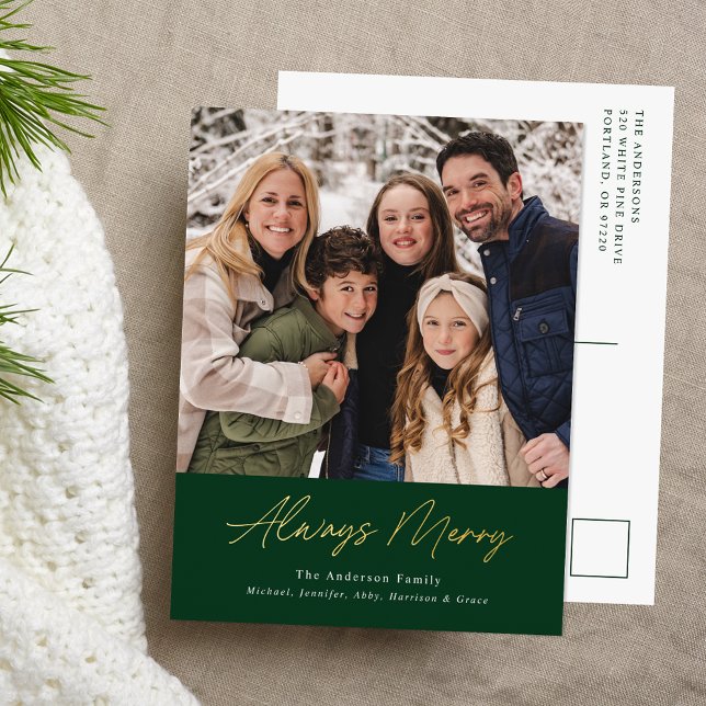 Always Merry Green Minimalist Photo Foil Holiday Postcard (Creator Uploaded)