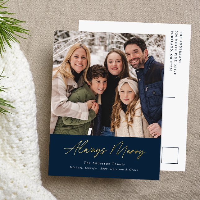 Always Merry Navy Minimalist Photo Foil Holiday Postcard (Creator Uploaded)