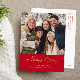 Always Merry Red Minimalist Photo Foil Holiday Postcard