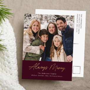 Always Merry Wine Minimalist Photo Foil Holiday Postcard