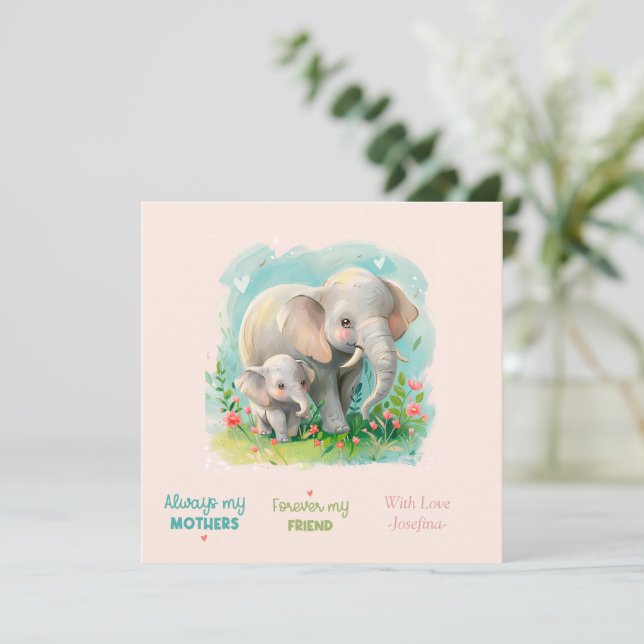 Always my Mother - Elephant Mum & Baby Pink Card (Standing Front)