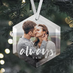 Always Script Overlay Personalised Couples Photo Glass Tree Decoration<br><div class="desc">Create a sweet keepsake of your wedding,  engagement,  anniversary,  honeymoon or special moment with this custom ornament that's perfect for couples. "Always" is overlaid on a favourite photo in casual brush script hand lettering,  with your initials beneath.</div>