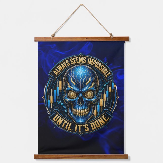 Always Seems Impossible Blue Glow Bitcoin Hanging Tapestry (Front)