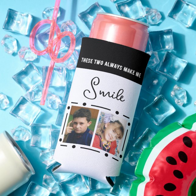 Always smile add photos initials white black seltzer can cooler (In Situ Summer)