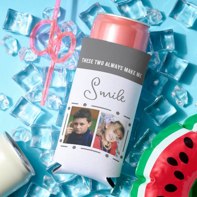 Always smile add photos initials white grey seltzer can cooler (In Situ Summer)
