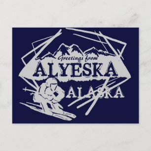Alyeska Alaska greetings navy skier postcard