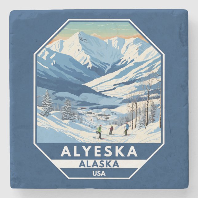 Alyeska Alaska Winter Travel Art Vintage Stone Coaster (Front)