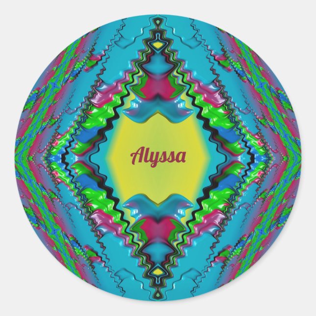 ALYSSA ~ Black Pink Blue and Yellow Fractal ~  Classic Round Sticker (Front)