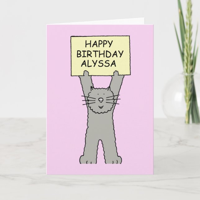 Alyssa Happy Birthday, Cartoon Cat. Card (Front)