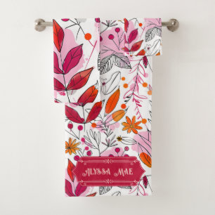Alyssa Mae Hand Drawn Pink and Orange Foliage Bath Towel Set