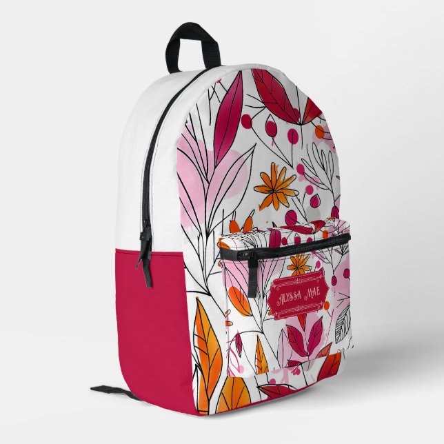 Alyssa Mae Hand Drawn Pink and Orange Foliage Printed Backpack (Back Corner Left)