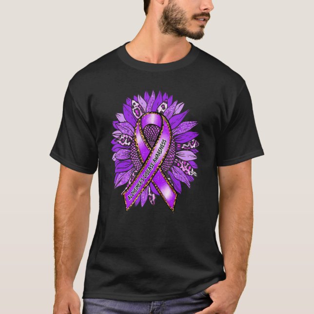 Alzheimer's Awareness Leopard Sunflower Purple Rib T-Shirt (Front)