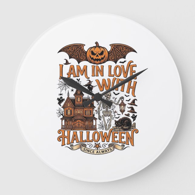 Am Love Halloween Haunted House Skeleton Pumpkin_1 Large Clock (Front)