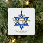 Am Yisrael Chai hebrew typography gold blue text Ceramic Ornament<br><div class="desc">Am Yisrael Chai hebrew text with faux gold personalised custom text and blue Star of David on white background on one side of ornament. Israel flag on the other side of ornament. Available in many shapes and materials. Am Yisrael Chai, The people of Israel live, the nation of Israel lives...</div>