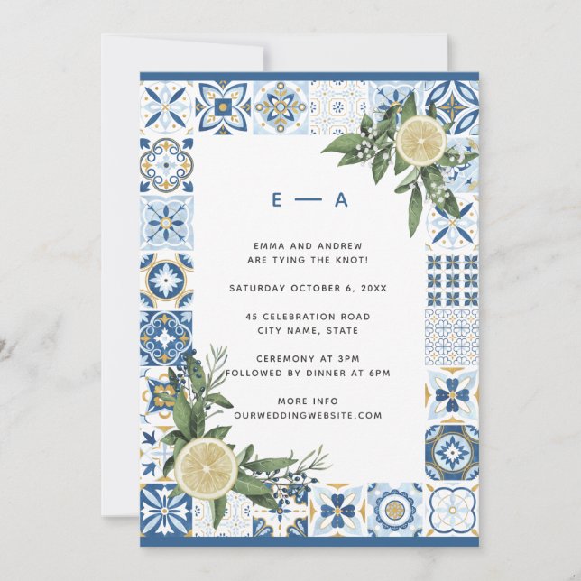 Amalfi Blue Tile Watercolor Lemon Citrus Wedding Invitation (Front)