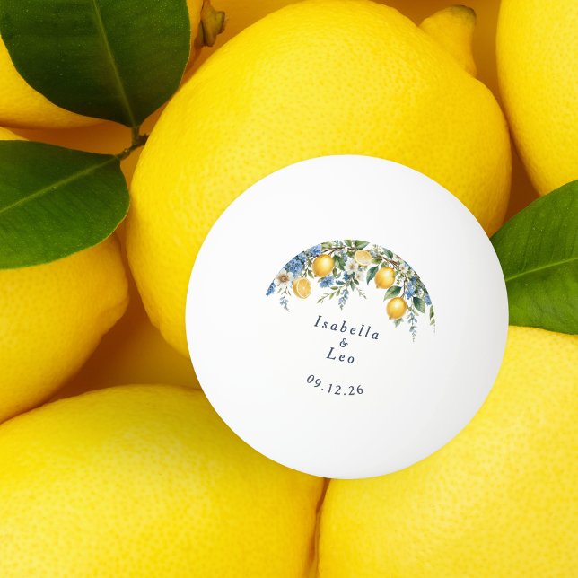 Amalfi Citrus Lemons Wedding Favour Personalised Ping Pong Ball (A ping-pong ball favor with Amalfi lemons design, personalized with couple's names and wedding date)