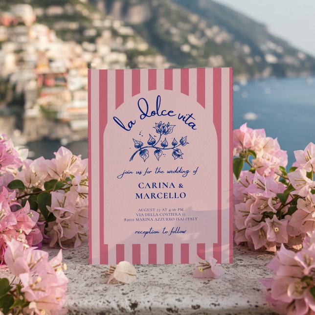 Amalfi Coast Amore Bougainvillea Stripe Wedding Invitation (Creator Uploaded)