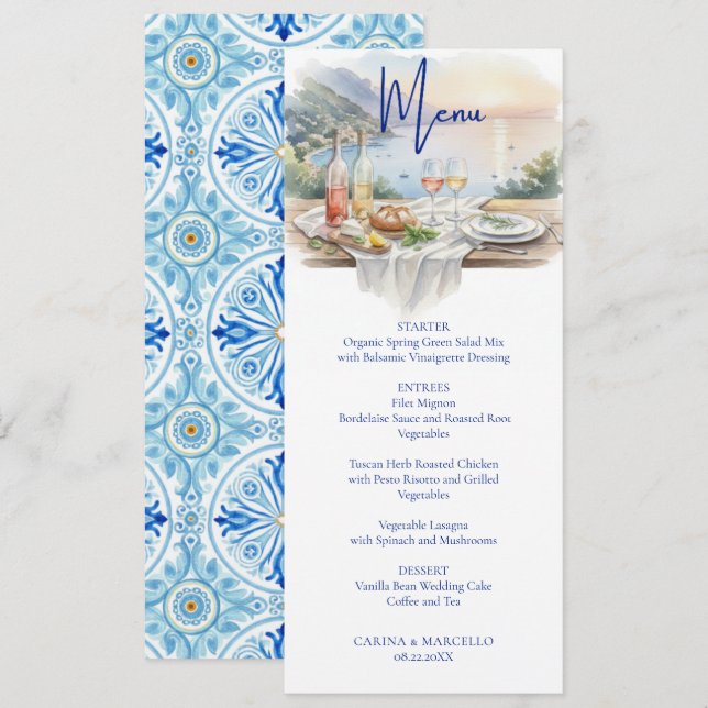 Amalfi Coast Amore Watercolor Italy Sea Wedding Menu (Front/Back)